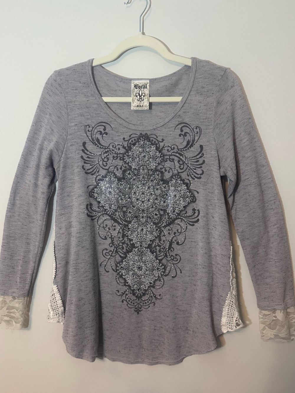 Vocal Womens Gray Lace-Trim Long Sleeve Top with Ornate Cross Print Size S